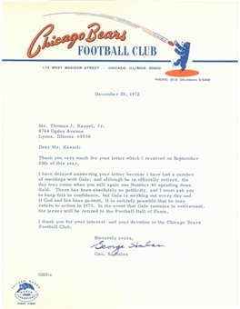 1972 George Halas Signed Typed Letter Dated 12/28/1972 Regarding Gale Sayers Retirement (JSA)